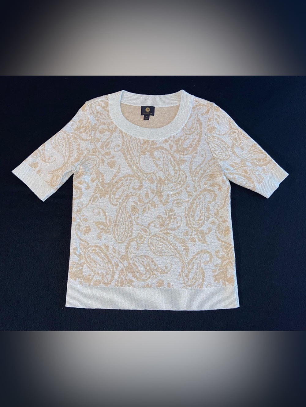 JM Collection Paisley Knit Crewneck Sweater - Cream and Tan